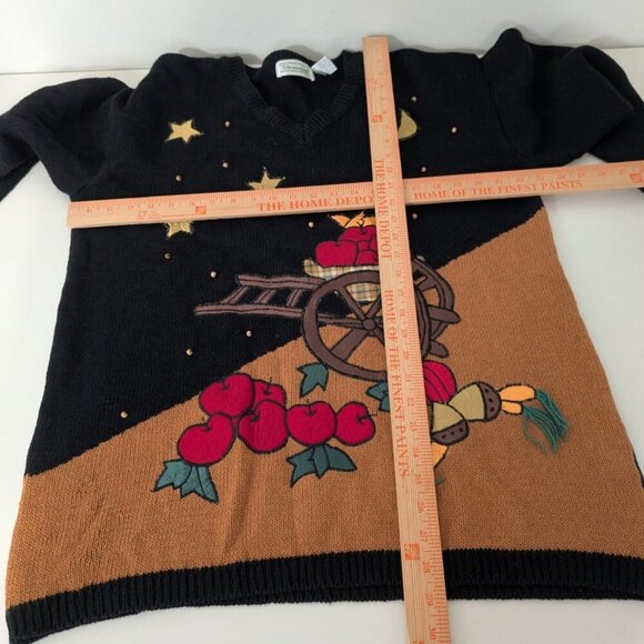 Vintage Apple Picking Sweater Womens Size Large Black Beaded V Neck Pullover - Picture 8 of 10